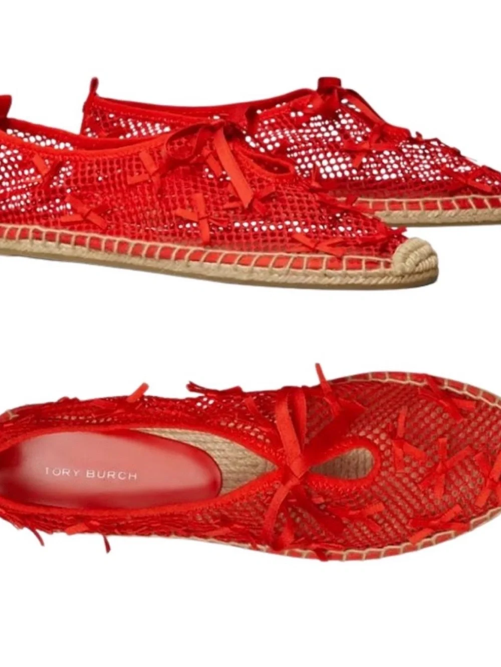 Tory Burch Red Crochet Espadrilles with Bow Detail